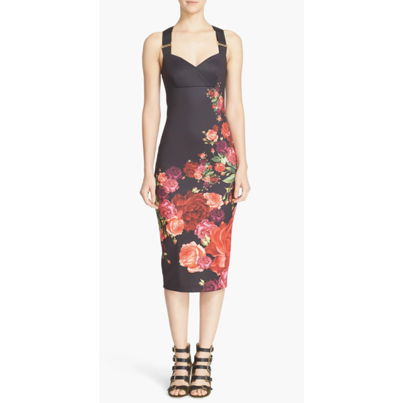Ted Baker Meric Juxtapose Rose Midi Dress Size 4-6 Black Floral Party Going Out - Picture 1 of 10